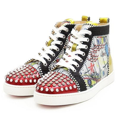 【新品同様】Christian Louboutin クリスチャンルブタン ハイカットスニーカー スタッズ スパンコール ロゴ グラフィック レザー メタリック レースアップ シューズ 靴 レディース サイズ 38 マルチカラー イタリア製