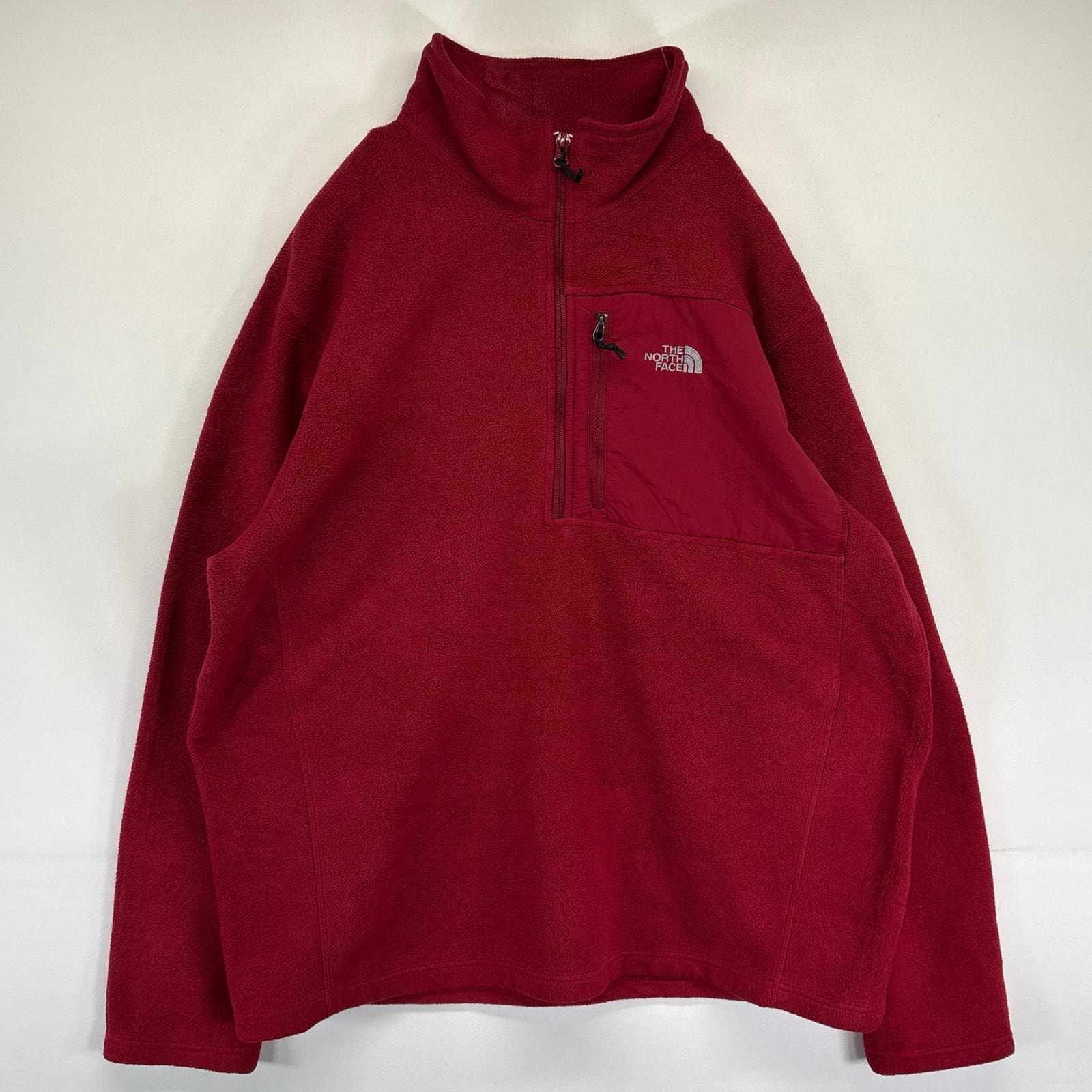 古着 ザ・ノースフェイス THE NORTH FACE ハーフジップフリースジャケット プルオーバー ワンポイントロゴ刺繍 ナイロン切り替え XL レッド メンズ