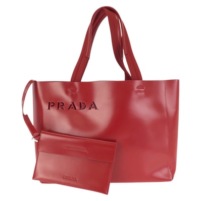 美品 PRADA プラダ ロゴ型抜き レッド シルバー金具 レザー トートバッグ ハンドバッグ 602180 【中古】