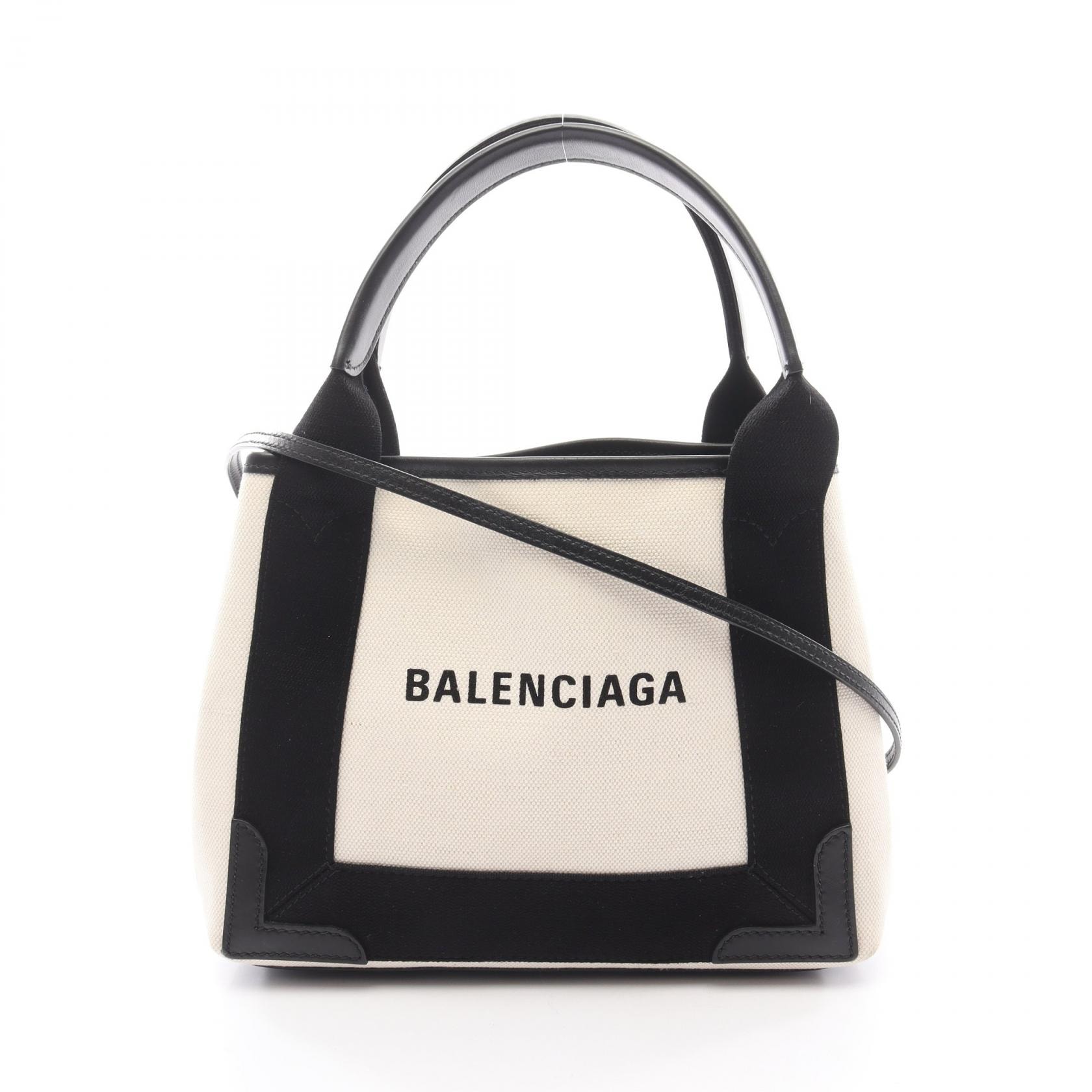 バレンシアガ BALENCIAGA ネイビーカバ XS ハンドバッグ バッグ キャンバス レザー レディース アイボリー系 / ブラック系 390346 【中古】