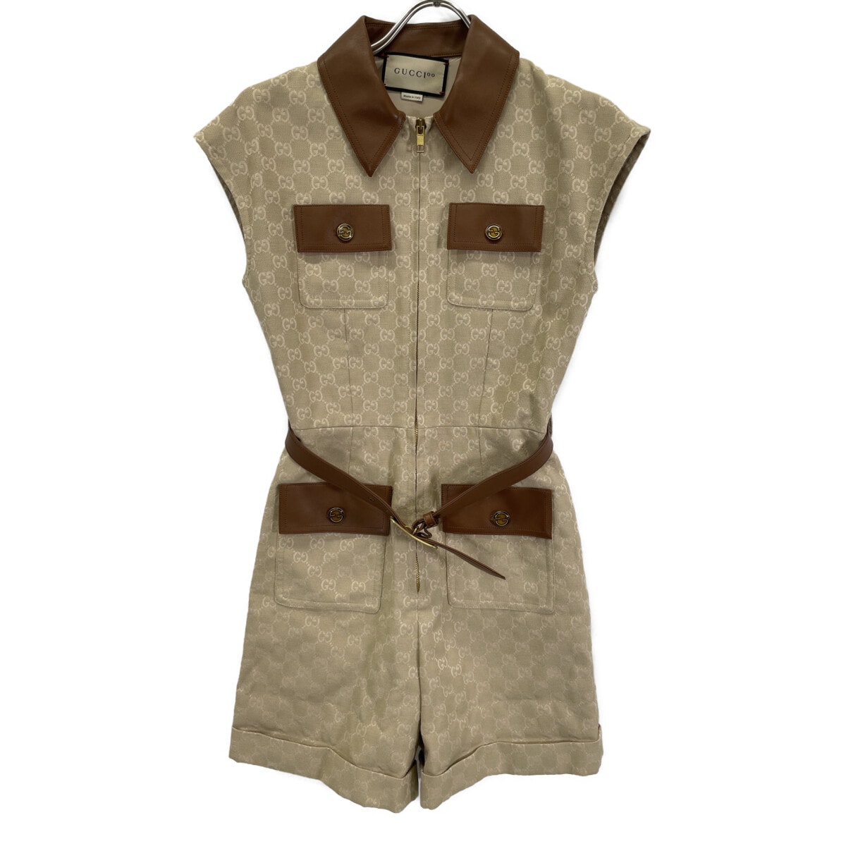 グッチ 676198 ﾍﾞｰｼﾞｭ GG柄 ｺｯﾄﾝ ｵｰﾙｲﾝﾜﾝ ﾍﾞﾙﾄ付き 40