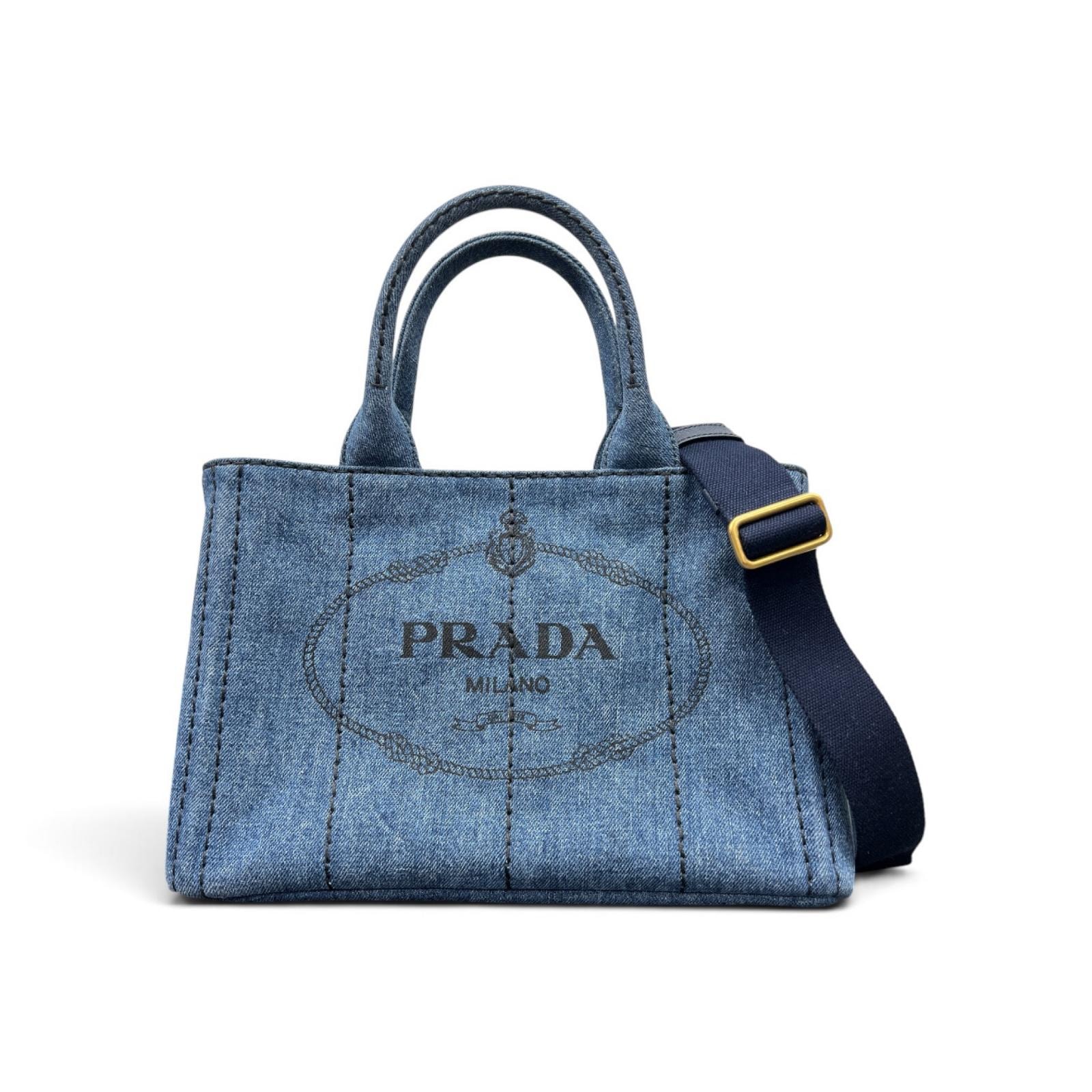 PRADA 極美品 プラダ カナパ トート ミニ デニム 2way トートバッグ ショルダーバッグ 1BG439 ブルー ネイビー ロゴ CANAPA DENIM ハンドバッグ クロスボディ ユニセックス Aランク 鑑定済 中古 プラダバッグ