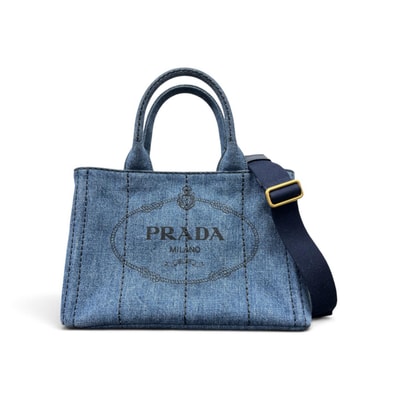 PRADA 極美品 プラダ カナパ トート ミニ デニム 2way トートバッグ ショルダーバッグ 1BG439 ブルー ネイビー ロゴ CANAPA DENIM ハンドバッグ クロスボディ ユニセックス Aランク 鑑定済 中古 プラダバッグ