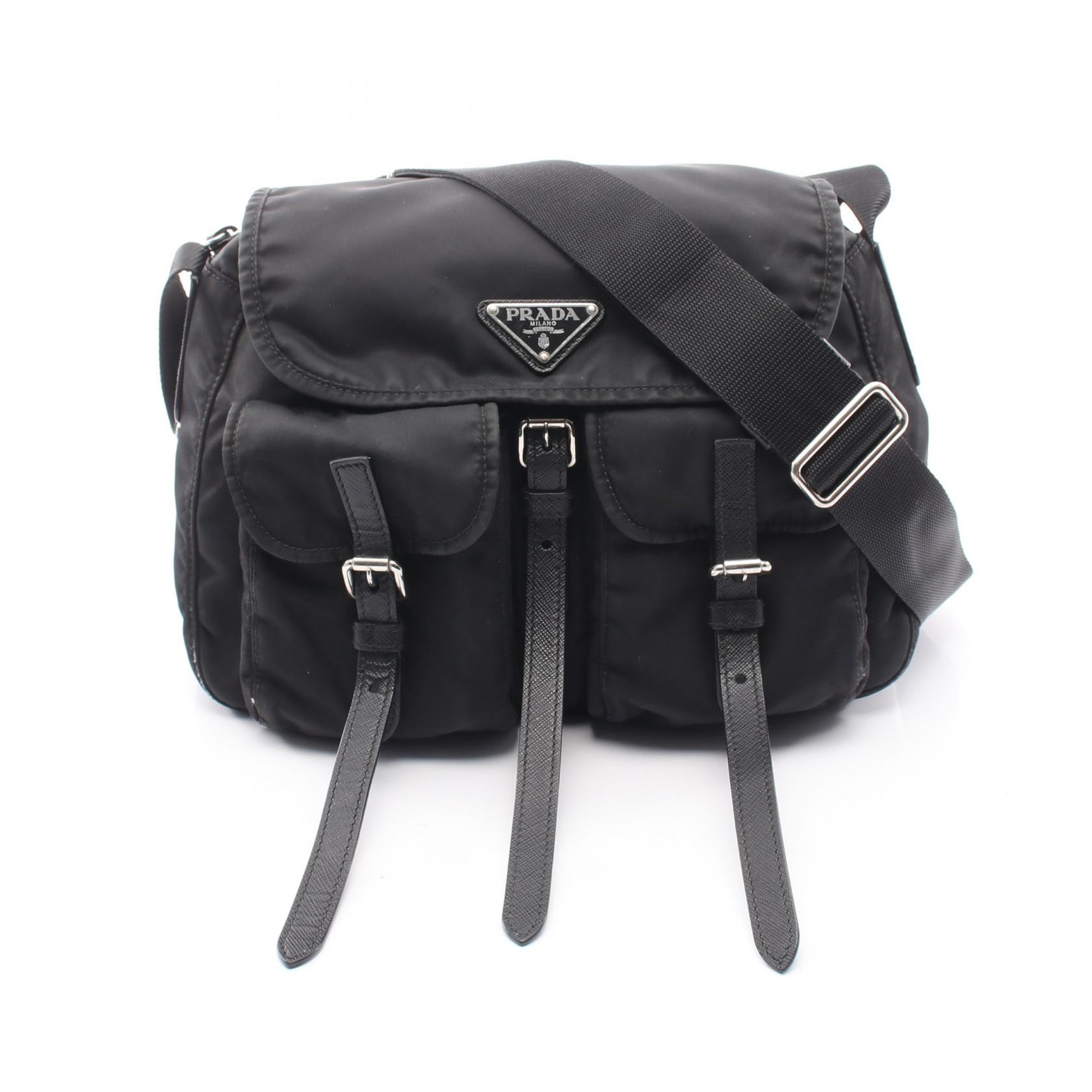 プラダ PRADA トライアングルロゴ ショルダーバッグ バッグ ナイロン サフィアーノレザー レディース ブラック系 【中古】