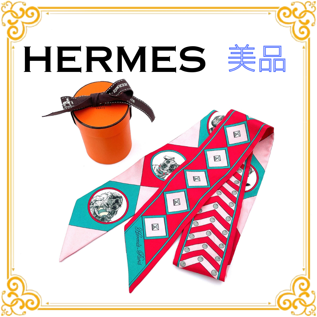 ✨️美品✨️ エルメス ツイリー 首輪と犬 レディース スカーフ ピンク シルク