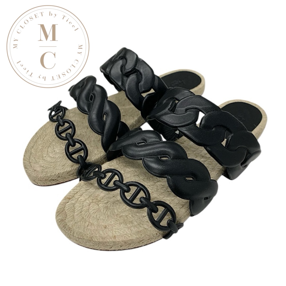 エルメス HERMES グウェン サンダル 靴 シューズ レザー ブラック 黒 エスパドリーユ シェーヌダンクル フラット