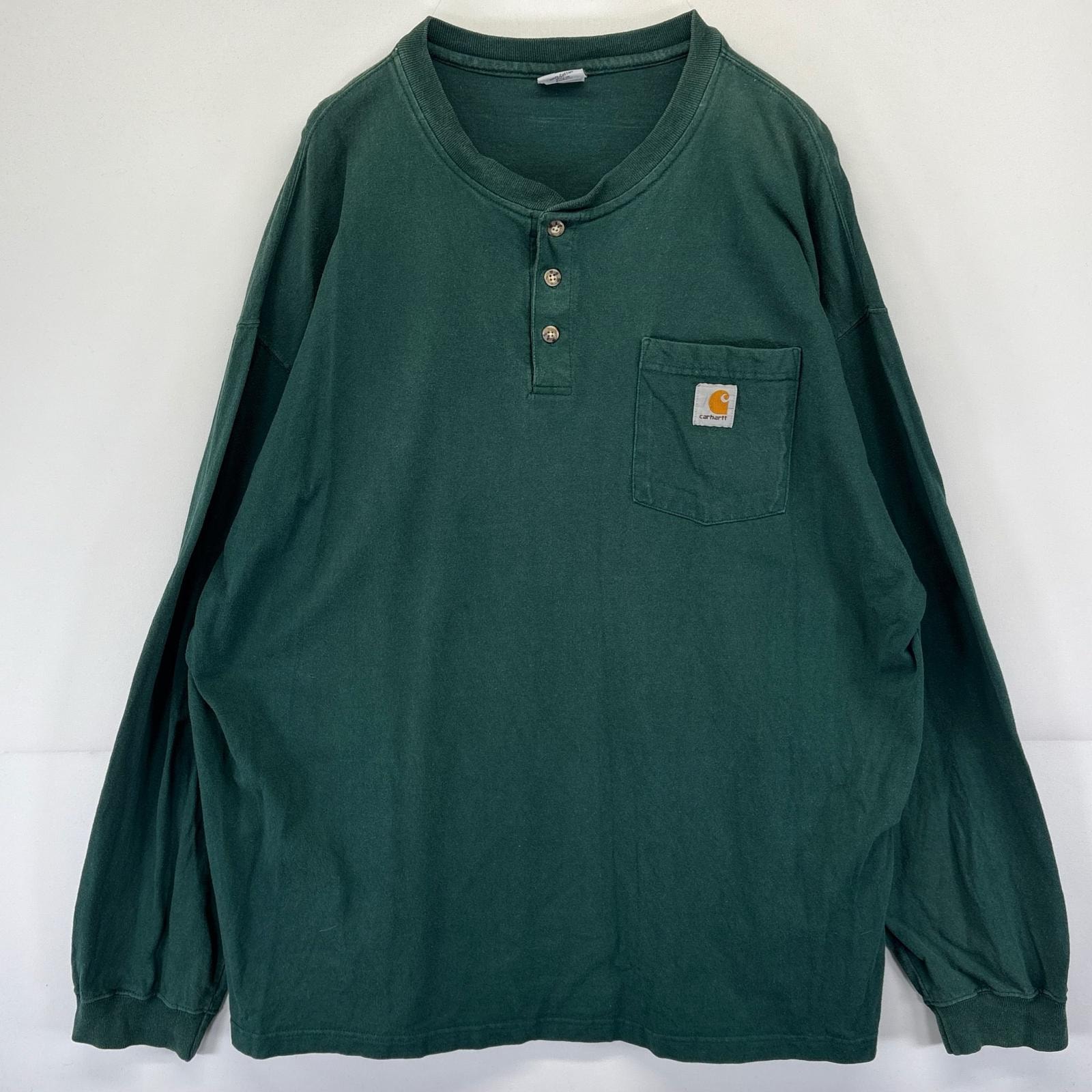 古着 カーハート Carhartt 長袖Tシャツ 胸ポケット 大きいサイズ ヘンリーネック ワンポイントロゴ XL  グリーン系 メンズ