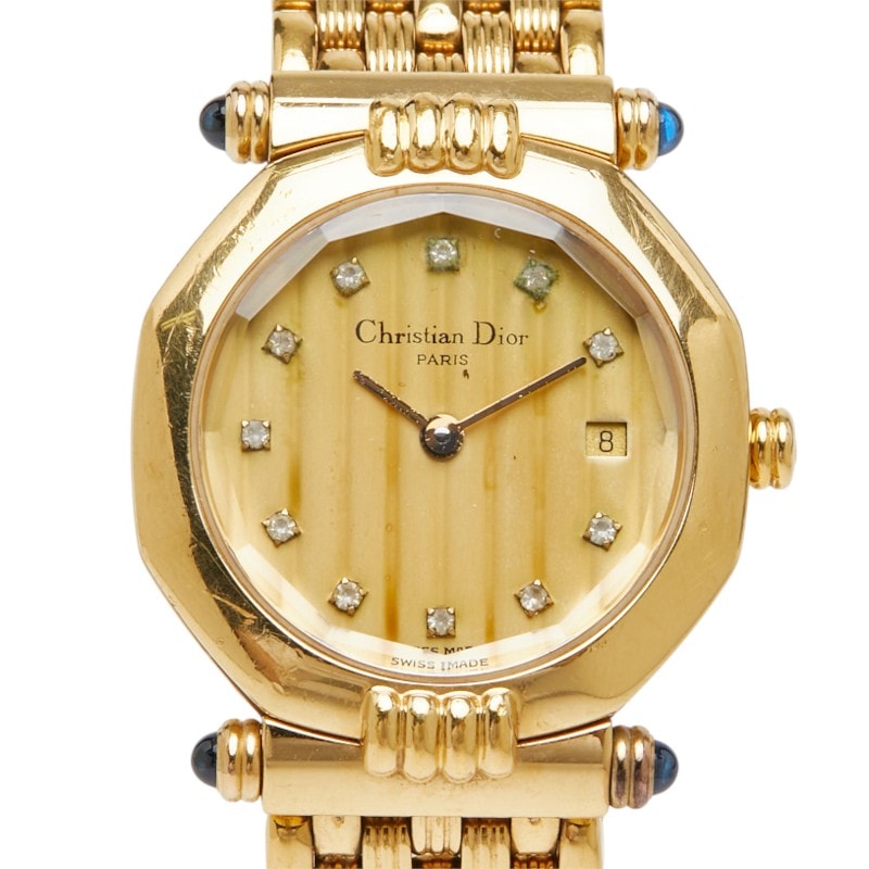 ディオール オクタゴン 腕時計 D64 151 クオーツ ゴールド文字盤 ステンレススチール ラインストーン レディース Dior 中古
