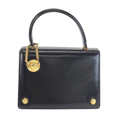 美品 VERSACE ヴェルサーチ サンバースト ブラック 黒 ゴールド金具 レザー ハンドバッグ 603901 【中古】