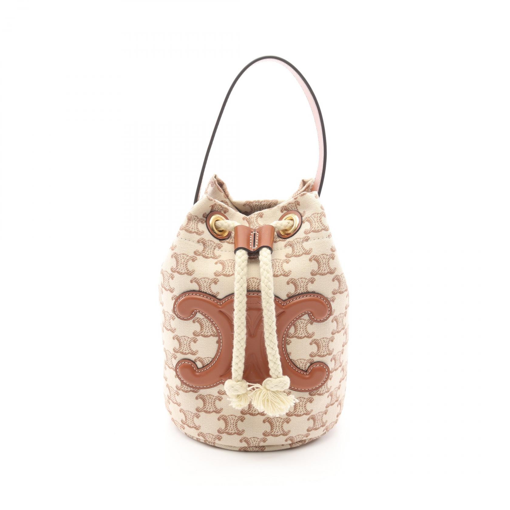 セリーヌ CELINE ティーン ドローストリング トリオンフ ハンドバッグ バッグ キャンバス レザー レディース アイボリー系 / ブラウン系 【中古】