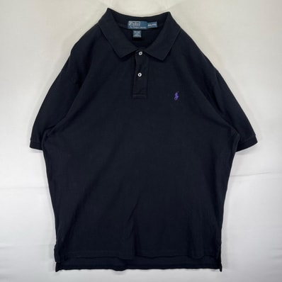 古着 ポロバイラルフローレン Polo by Ralph Lauren 鹿の子 半袖シャツ ワンポイント ロゴ 刺繍 2XL ブラック系 無地 メンズ