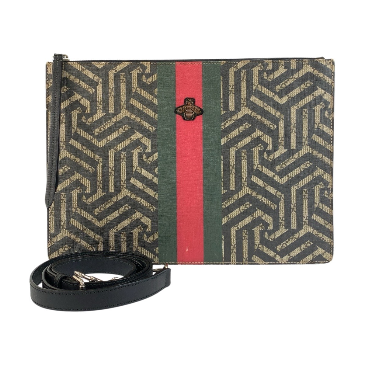 美品 GUCCI グッチ GGカレイド シェリーライン ベージュ ブラック シルバー金具 GGスプリームキャンバス レザー/ ショルダーバッグ クラッチバッグ Y600150 【中古】