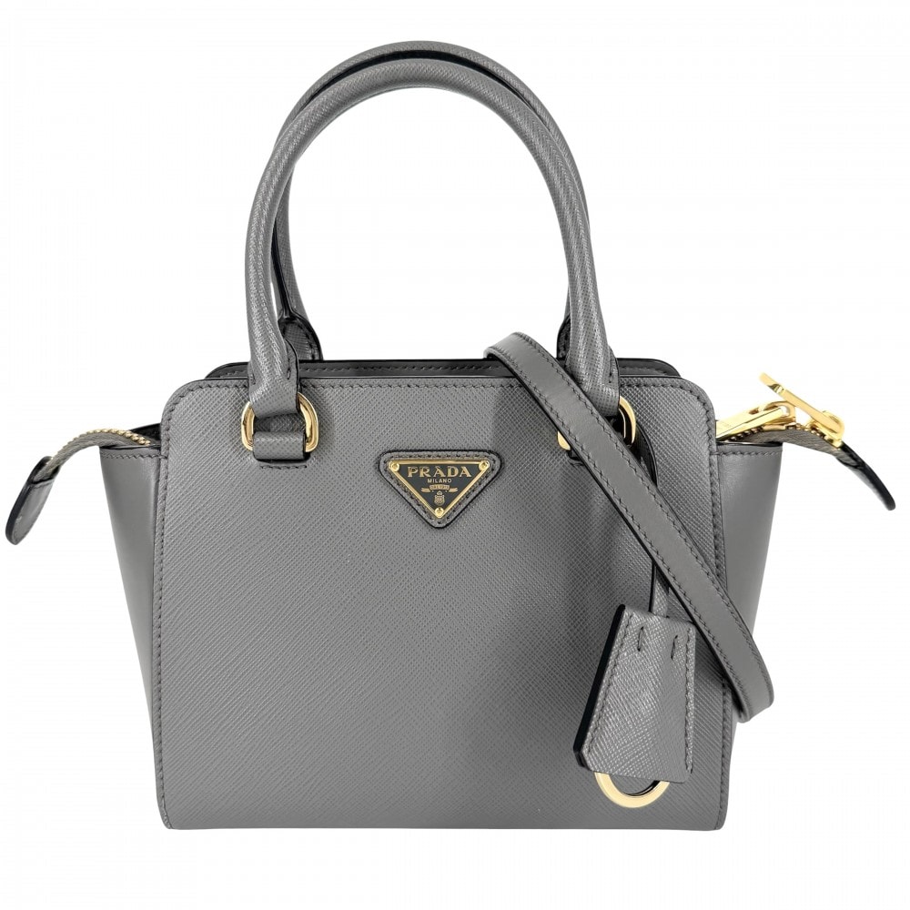 PRADA プラダ 2WAY トライアングルロゴ ハンドバッグ ショルダーバッグ 肩掛け 斜め掛け 1BA380 レザー    グレー ゴールド金具 レディース 美品【中古品】