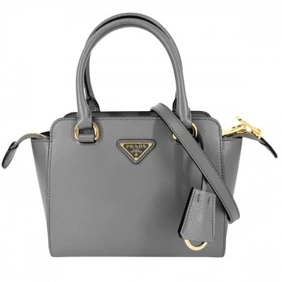 PRADA プラダ 2WAY トライアングルロゴ ハンドバッグ ショルダーバッグ 肩掛け 斜め掛け 1BA380 レザー グレー ゴールド金具 レディース 美品【中古品】