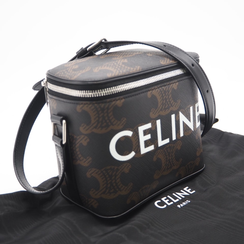 美品 CELINE セリーヌ トリオンフ キャンバス ボックス ショルダーバッグ タン 110592EJG ショルダーバッグ ブラウン ホワイト コーティングキャンバス レザー レディース