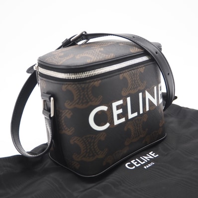 美品 CELINE セリーヌ トリオンフ キャンバス ボックス ショルダーバッグ タン 110592EJG ショルダーバッグ ブラウン ホワイト コーティングキャンバス レザー レディース