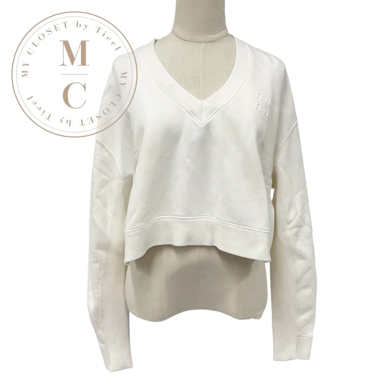ミュウミュウ MIUMIU トップス コットン ホワイト 白 クロップド ロゴ ショート丈 トレーナー スウェット