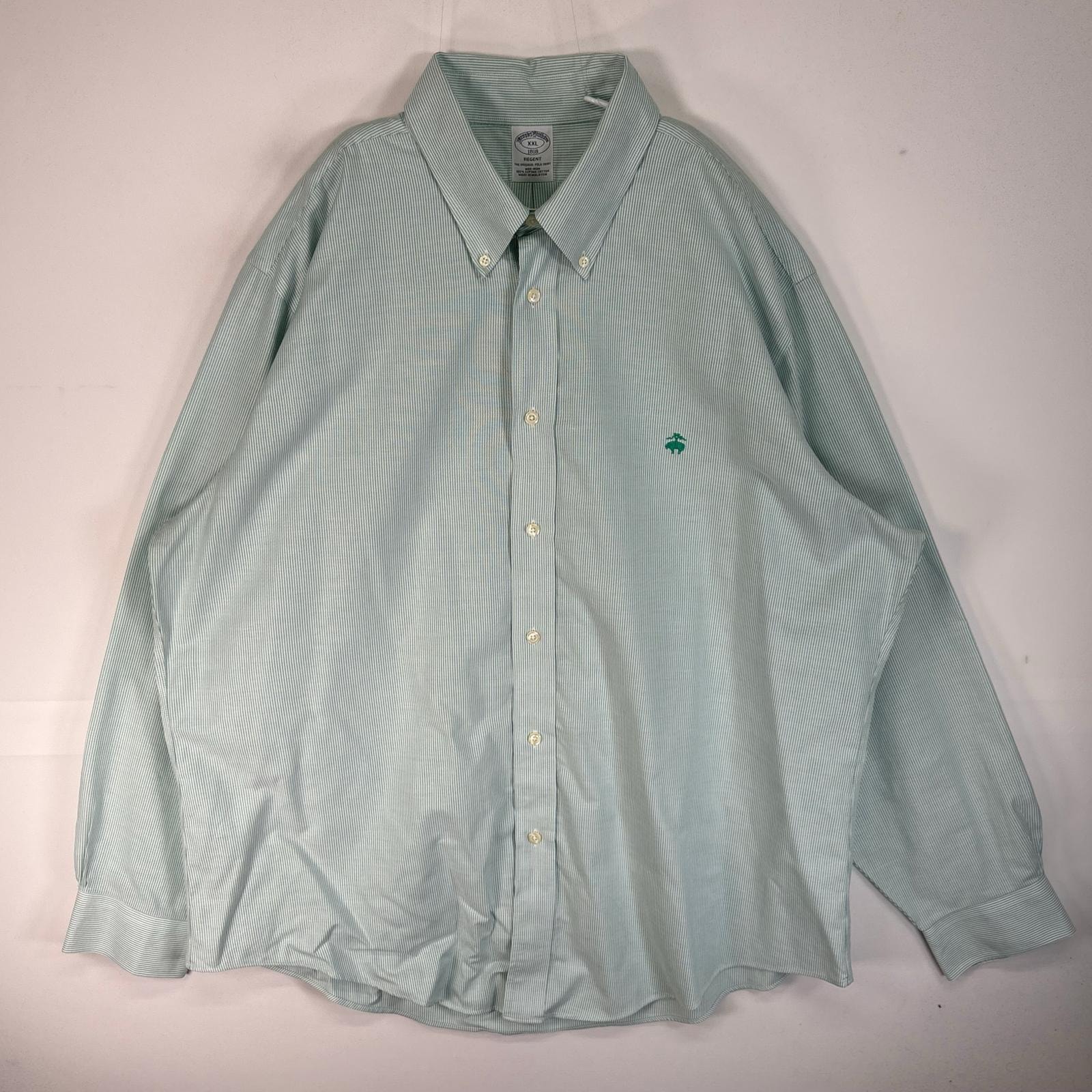 古着 ブルックスブラザーズ Brooks Brothers 長袖シャツ ロゴ 刺繍 REGENT オックスフォード 2XL  グリーン系 ストライプ メンズ