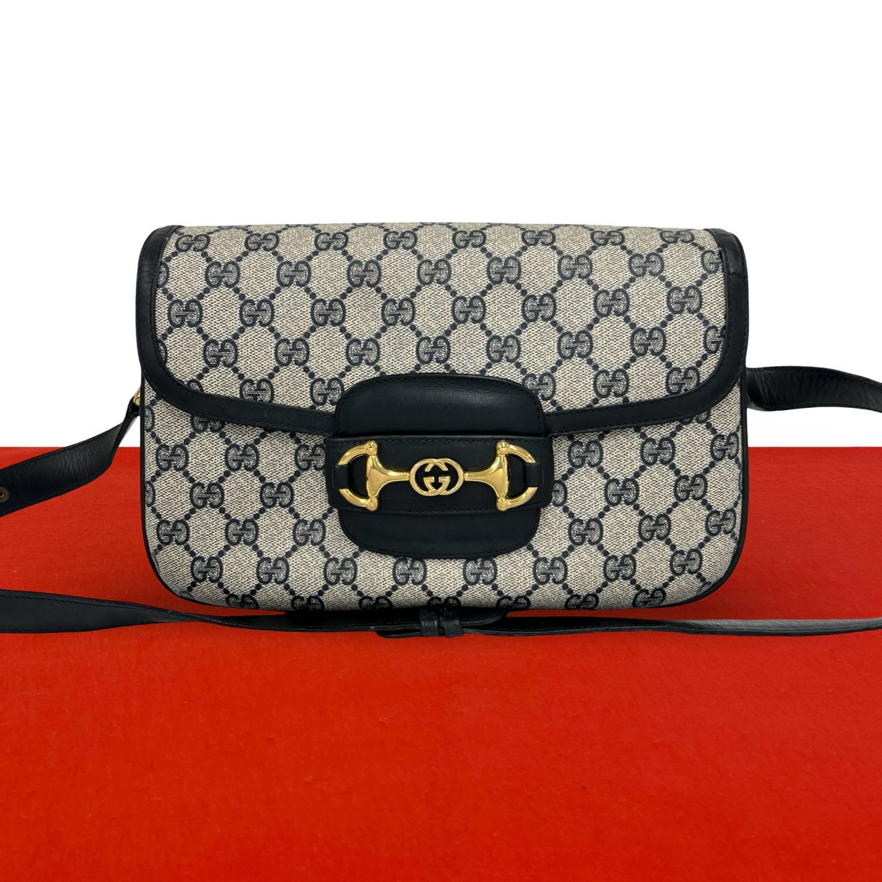 GUCCI グッチ GG 柄 ホースビット 金具 レザー PVC ショルダーバッグ ネイビー
 25655