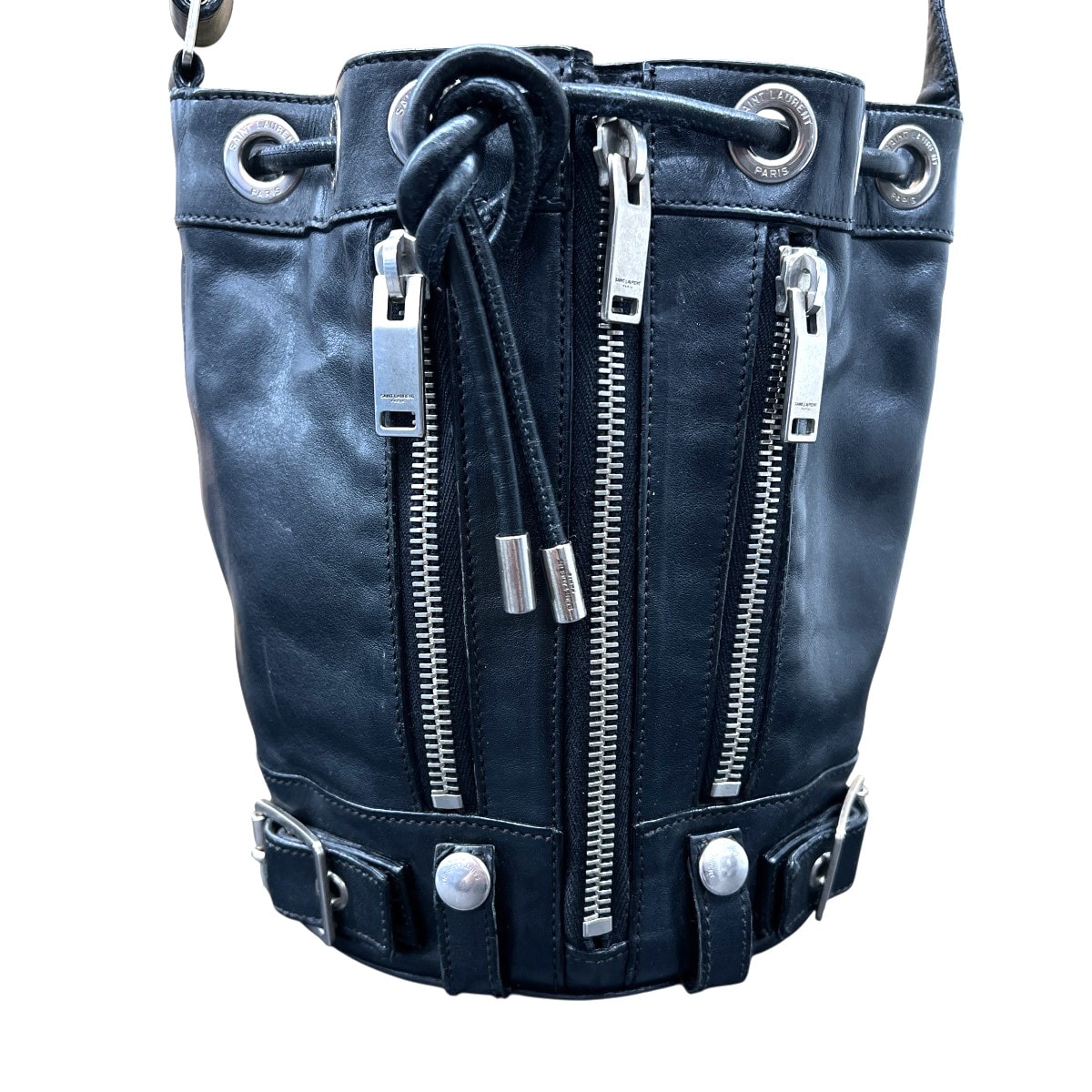 SAINT LAURENT 希少 サンローラン エディ期 ライダース バケット ショルダーバッグ レザー ブラック シルバー金具 巾着バッグ クロスボディ ポシェット ジップデザイン アーカイブ Bランク 鑑定済 中古 サンローランバッグ
