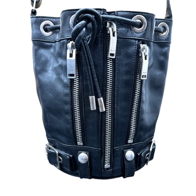 SAINT LAURENT 希少 サンローラン エディ期 ライダース バケット ショルダーバッグ レザー ブラック シルバー金具 巾着バッグ クロスボディ ポシェット ジップデザイン アーカイブ Bランク 鑑定済 中古 サンローランバッグ