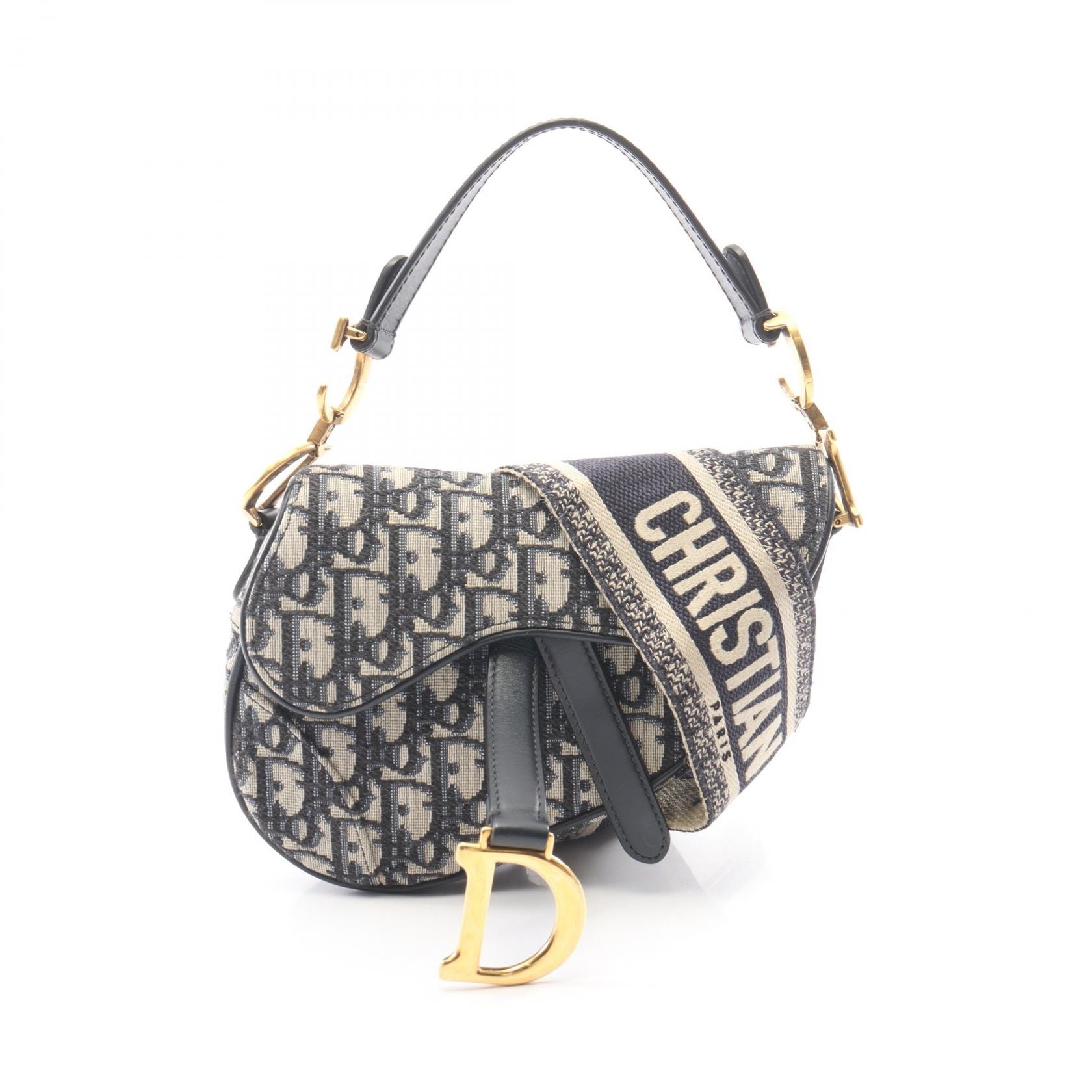 ディオール Dior サドルバッグ ミニ オブリークジャカード 2WAY ハンドバッグ バッグ キャンバス レザー レディース ベージュ系 / ネイビー系 【中古】