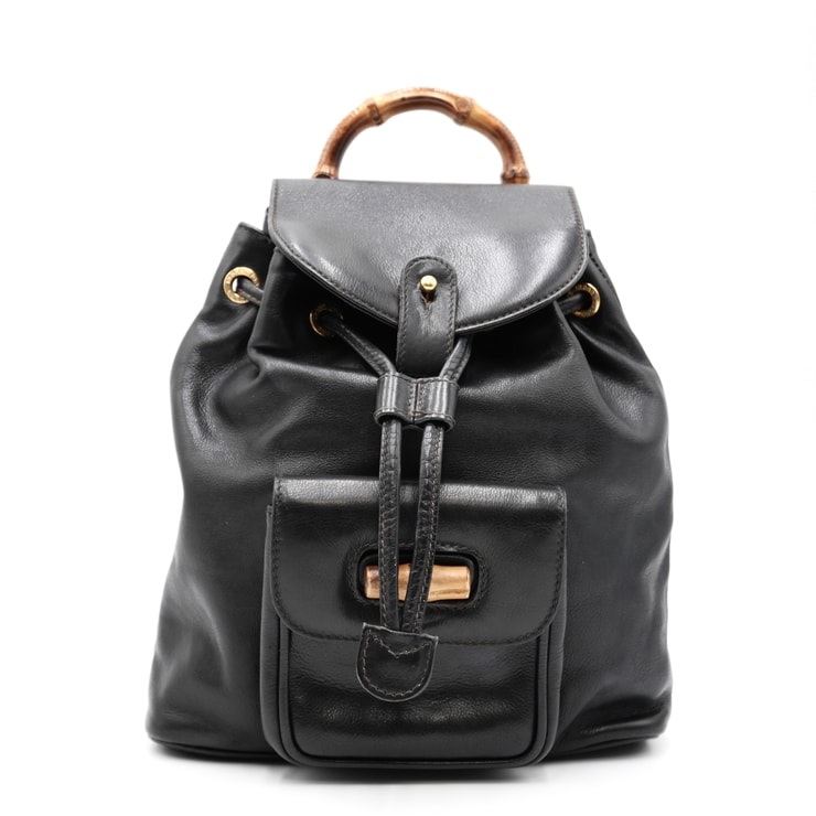 GUCCI(グッチ)バンブー ヴィンテージ リュックサック バックパック ブラック レザー 竹ハンドル 巾着 フラップ フロントポケット ゴールド金具 レディース 003 2444 0030【中古】