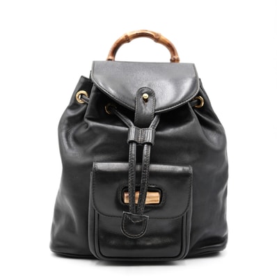 GUCCI(グッチ)バンブー ヴィンテージ リュックサック バックパック ブラック レザー 竹ハンドル 巾着 フラップ フロントポケット ゴールド金具 レディース 003 2444 0030【中古】