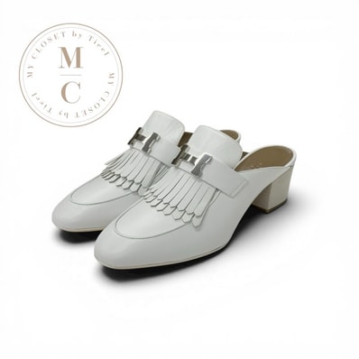 エルメス HERMES チュイルリー サンダル 靴 シューズ レザー ホワイト 白 シルバー H金具 フリンジ サボ ミュール