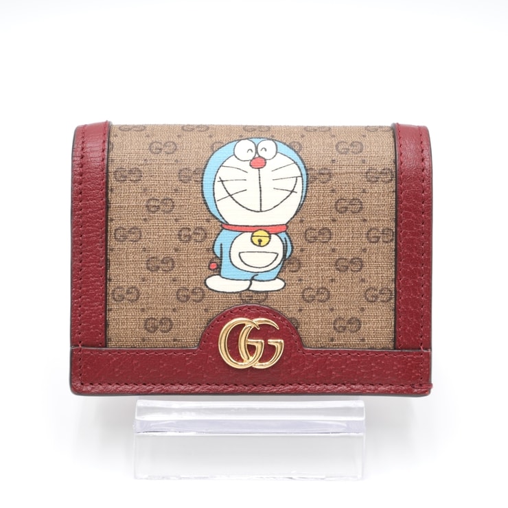 GUCCI(グッチ)ドラえもん コラボ GGスプリーム オフィディア 二つ折り財布 コンパクトウォレット ミニ財布 ベージュ レッド レザー ゴールド金具 レディース 647788【中古】