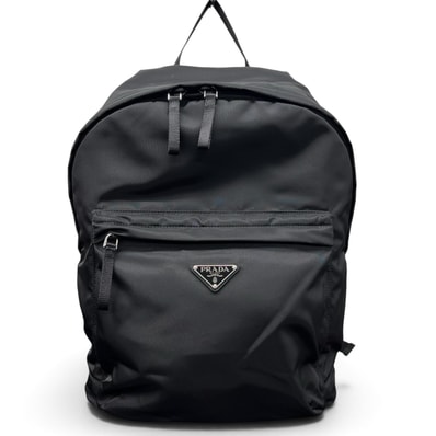 PRADA 現行品 展示品級美品 プラダ Re-Nylon x サフィアーノレザー バックパック リュック 2VZ034 ICチップ確認済 ブラック リナイロン トライアングルロゴ 三角プレート ロゴプレート SAランク 鑑定済 中古 プラダリュック