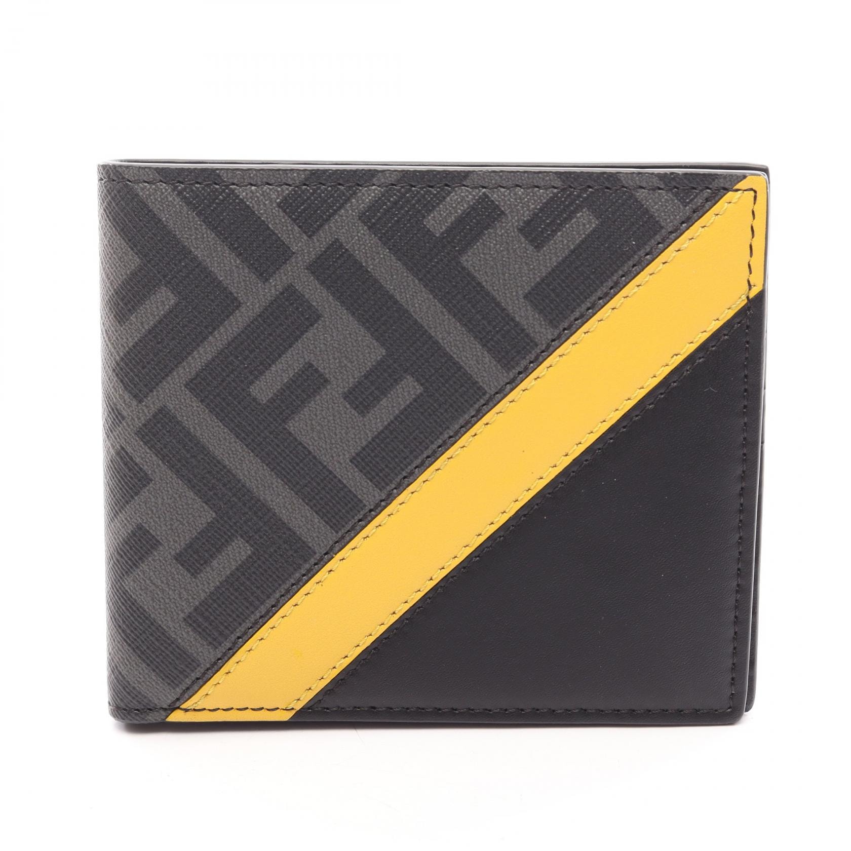 フェンディ FENDI ダイアゴナル ズッカ 二つ折り財布 財布 レザー PVC メンズ ブラック系 / グレー系 / イエロー系 7M0169 【中古】