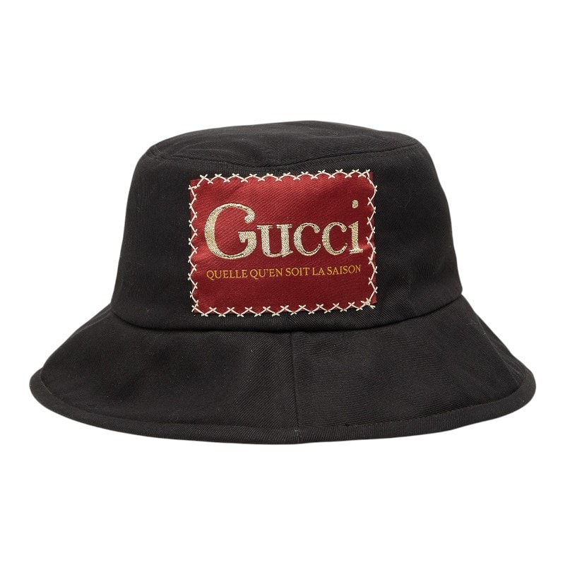グッチ ロゴ ラベル バケットハット 帽子 サイズ S/57 627174 ブラック レッド コットン レディース GUCCI 【中古】