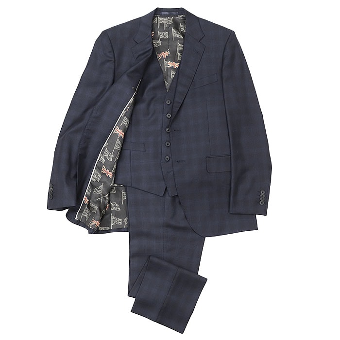 【美品】Paul Smith ポール・スミス スリーピーシーズ スーツ セットアップ ジャケット ベスト スラックス グレンチェック REDA社 super110's ウール100% テーラード 2B ユニオンジャック ライニング メンズ L ネイビー 紺