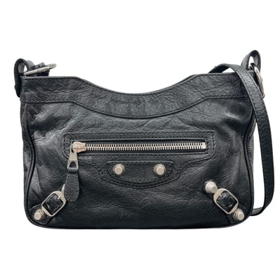 BALENCIAGA 美品 バレンシアガ ジャイアントヒップ ショルダーバッグ 237203 レザー ブラック シルバー金具 クロスボディ ポシェット スタッズ ヴィンテージ ABランク 中古 鑑定済 バレンシアガバッグ