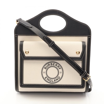 バーバリー BURBERRY ロゴ 2WAY ポケットバッグ ハンドバッグ バッグ キャンバス レザー レディース アイボリー系 / ブラック系 【中古】