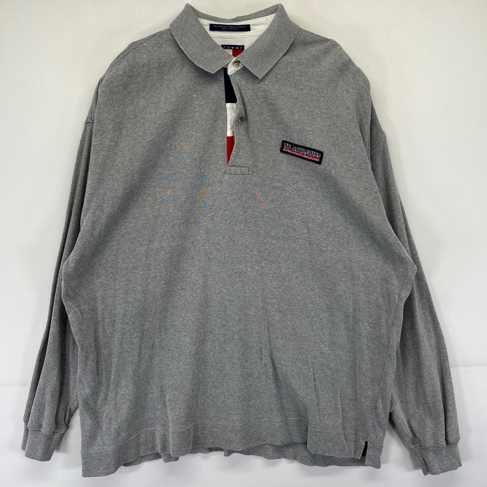 古着 トミーヒルフィガー TOMMY HILFIGER 長袖 ポロシャツ ワンポイントロゴ 2ボタン スウェット生地 大きいサイズ XL  グレー メンズ