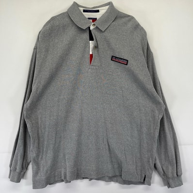 古着 トミーヒルフィガー TOMMY HILFIGER 長袖 ポロシャツ ワンポイントロゴ 2ボタン スウェット生地 大きいサイズ XL グレー メンズ