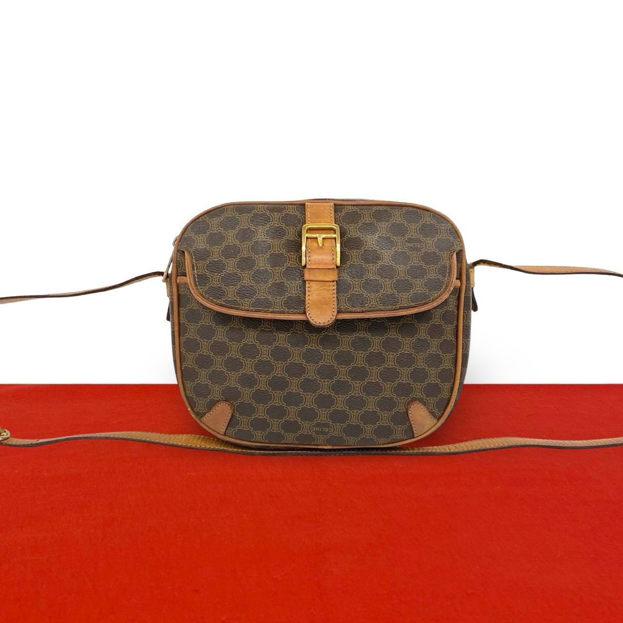 CELINE セリーヌ マカダム ブラゾン 柄 PVC レザー ショルダーバッグ ブラウン
 111-2
