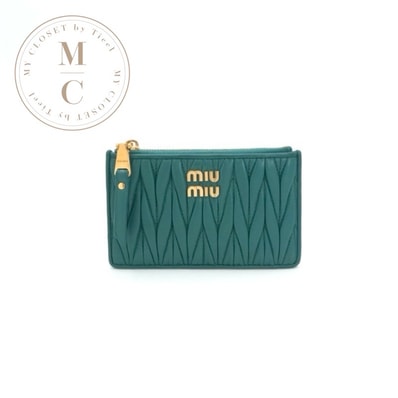 ミュウミュウ MIUMIU 財布 コインケース 小銭入れ グリーン ゴールド マテラッセ ロゴ フラグメントケース カードケース