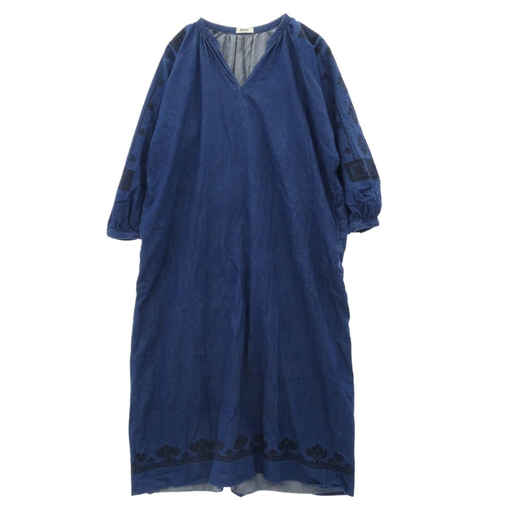 Ron Herman ロンハーマン ワンピース 刺繍デザイン デニム カフタンネック ロングワンピース ブルー系 S【中古】