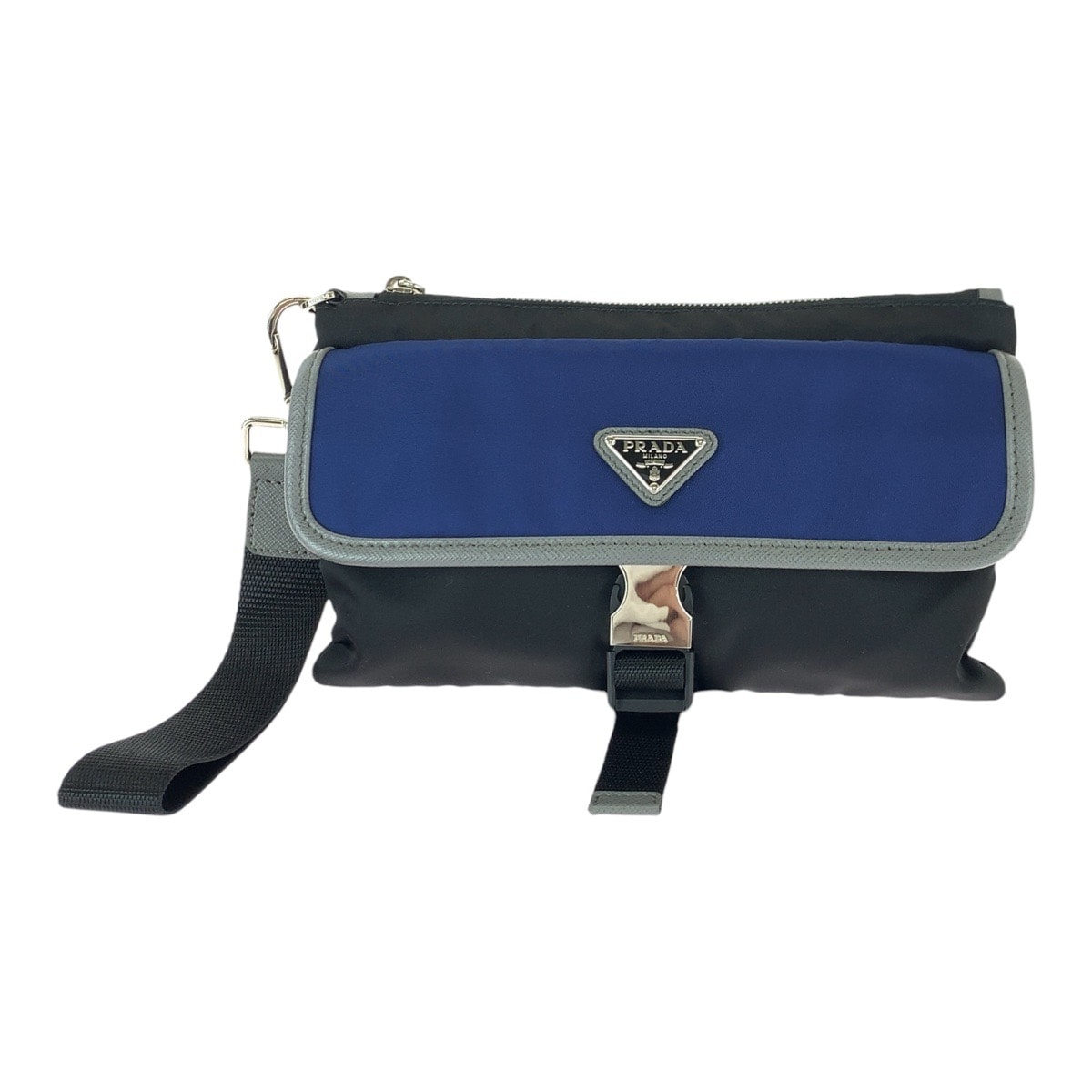 美品 PRADA プラダ テスート サフィアーノ 三角ロゴプレート ブルー ブラック シルバー金具 ナイロン レザー/ クラッチバッグ セカンドバッグ ポーチ 601250 【中古】