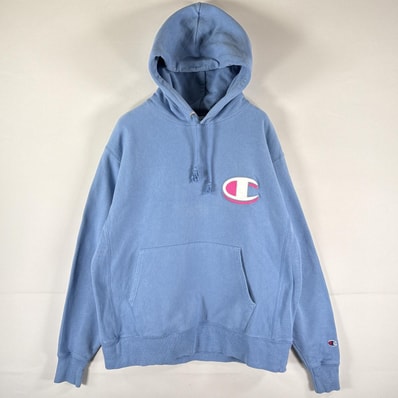 古着 チャンピオン Champion パーカー リバースウィーブ プルオーバー フーディ スウェット ワッペン ワンポイントロゴ LARGE 水色 メンズ