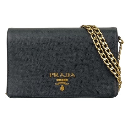 PRADA プラダ サフィアーノ ロゴプレート チェーンウォレット ショルダーバッグ レザー ブラック ゴールド金具 レディース【中古】