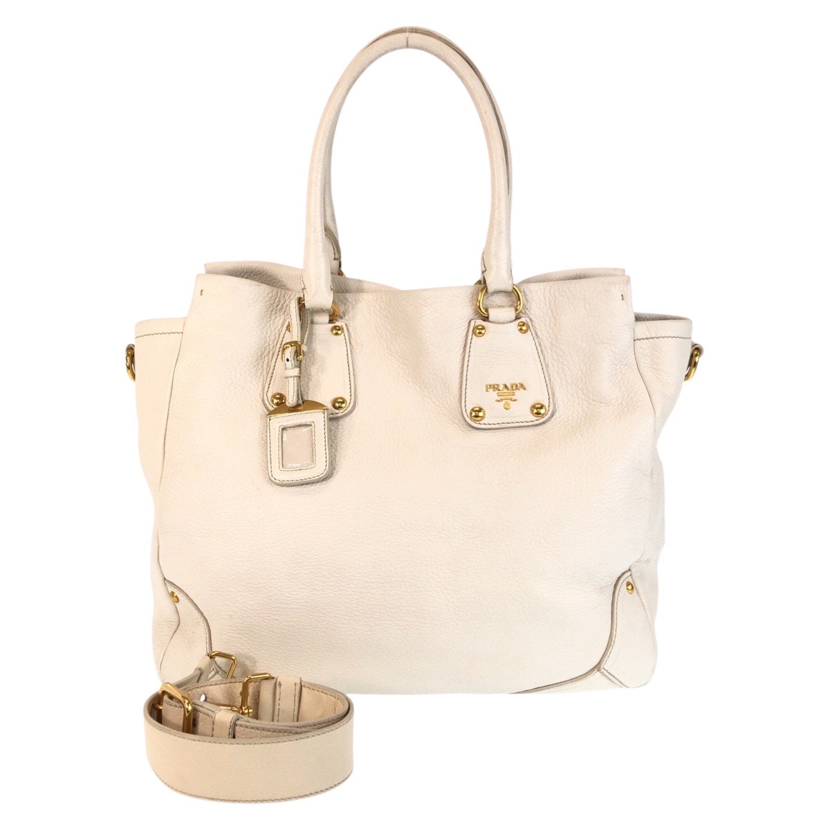 PRADA プラダ ヴィッテロダイノ ホワイト アイボリー ゴールド金具 レザー トートバッグ ショルダーバッグ 2way 506667 【中古】