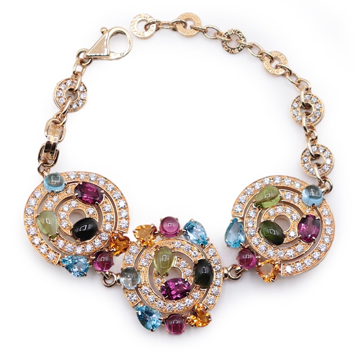 【美品】 BVLGARI ブルガリ アストラーレチェルキ ブレスレット ダイヤモンド マルチカラー ストーン イエローゴールド 18金 K18YG Au750 ジュエリー レディース サイズ 腕周り19.8cm 修理証明書(写し)・ケース付属
