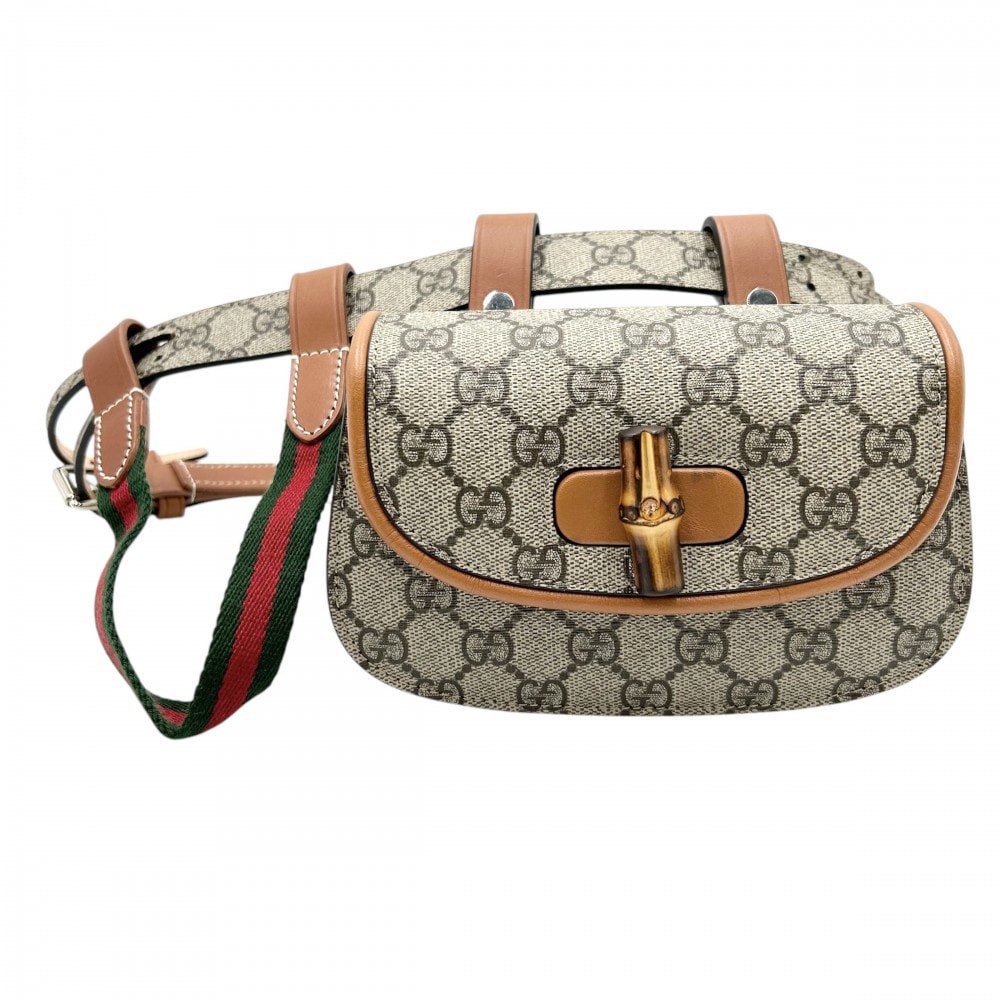 GUCCI グッチ ウエストバッグ バンブー ボディバッグ ウエストポーチ 鞄 かばん 681137 GGスプリームキャンバス レザー ベージュ ブラウン 茶 シルバー金具 メンズ 美品【中古品】