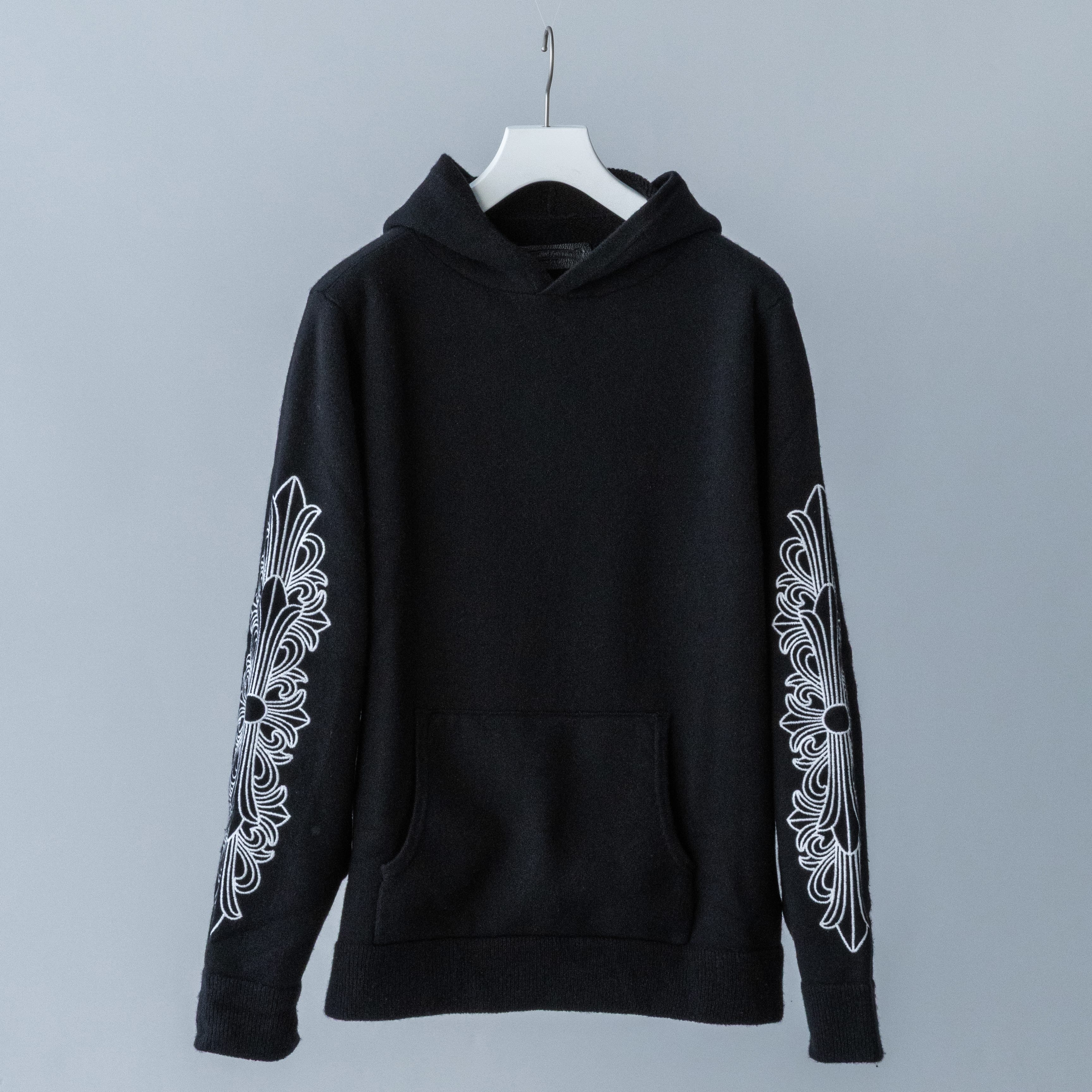 Chrome Hearts Arm Floral Cross Embroidered Cashmere Pullover Hoodie "Black"