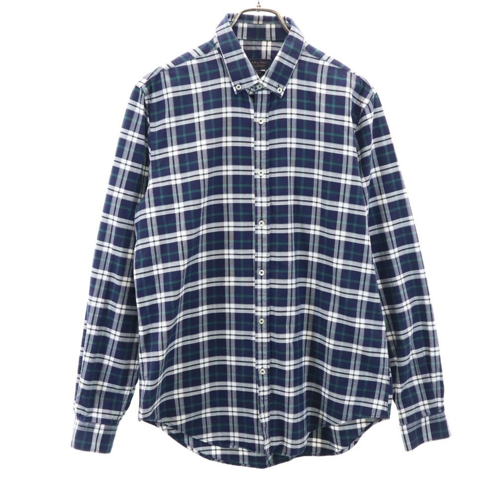 ZARA MAN ザラマン チェック柄 長袖 ボタンダウンシャツ L ネイビー系