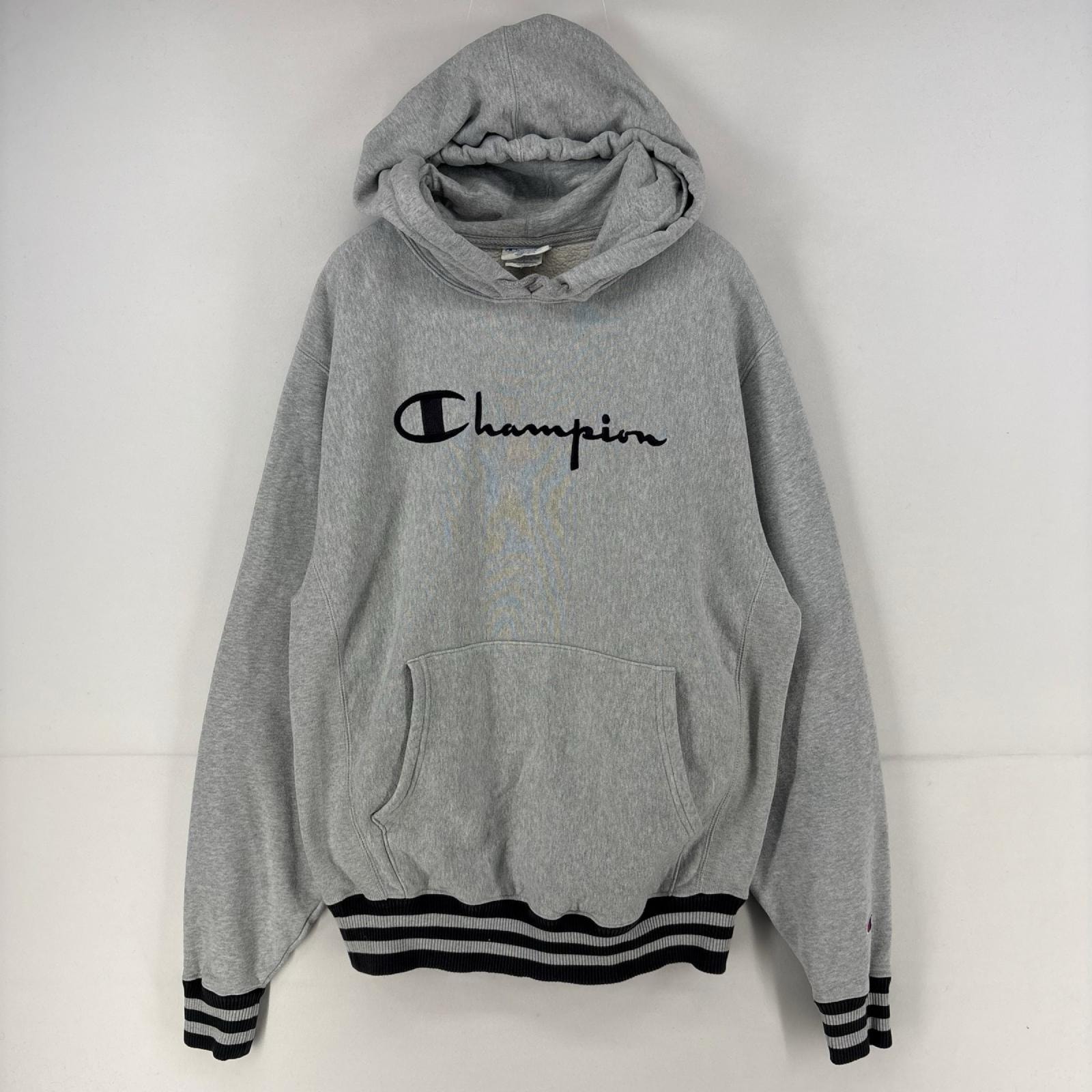 古着 チャンピオン Champion パーカー スウェット プルオーバー ロゴ 刺繍 リバースウィーブ M  グレー メンズ